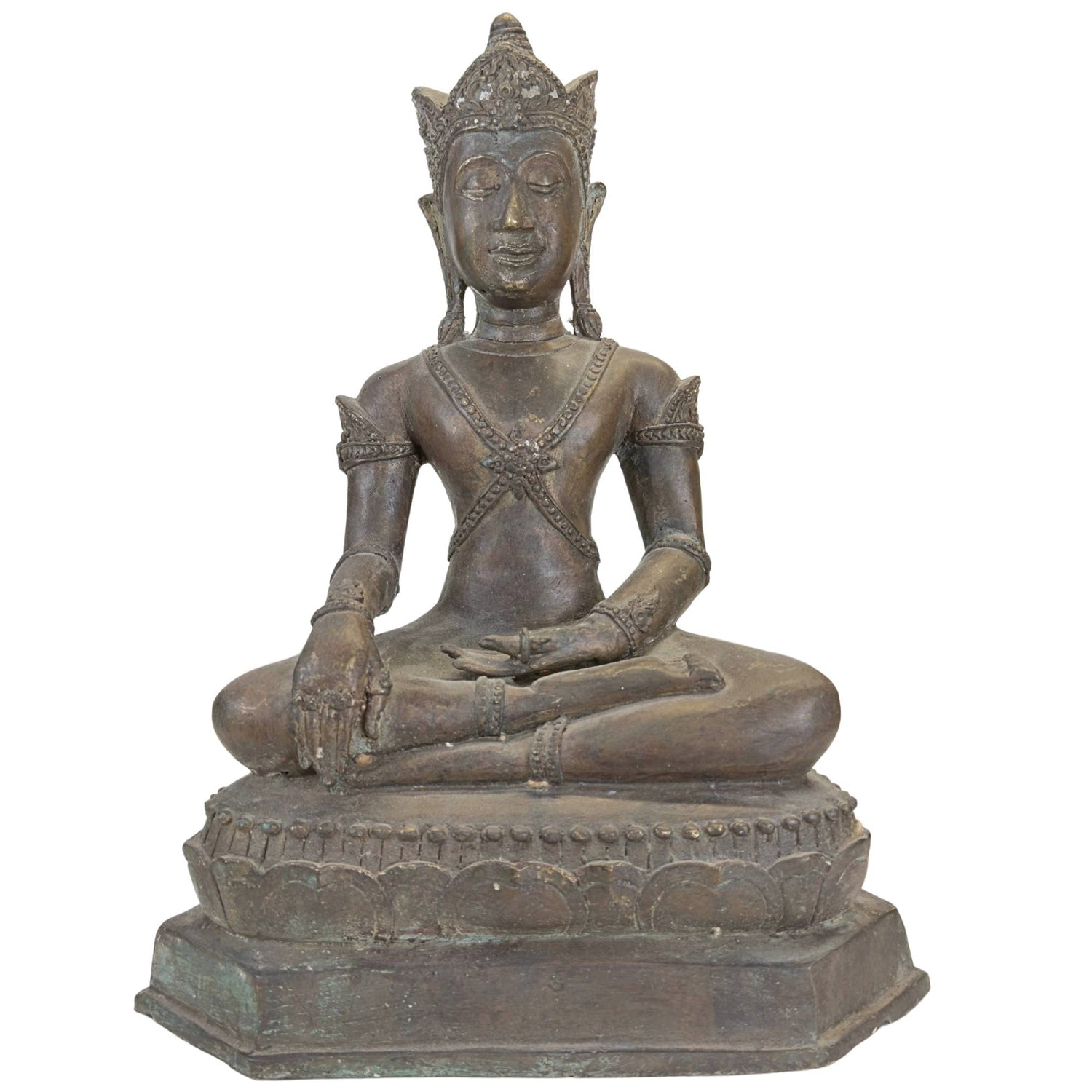 Antiker bronzener gekrönter Buddha aus Thailand mit doppelter Lotusbasis