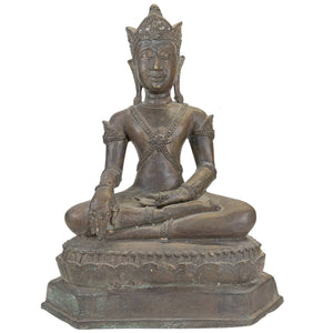 Antike bronzene gekrönte Buddha-Figur, Thailand oder Laos, 19. Jahrhundert