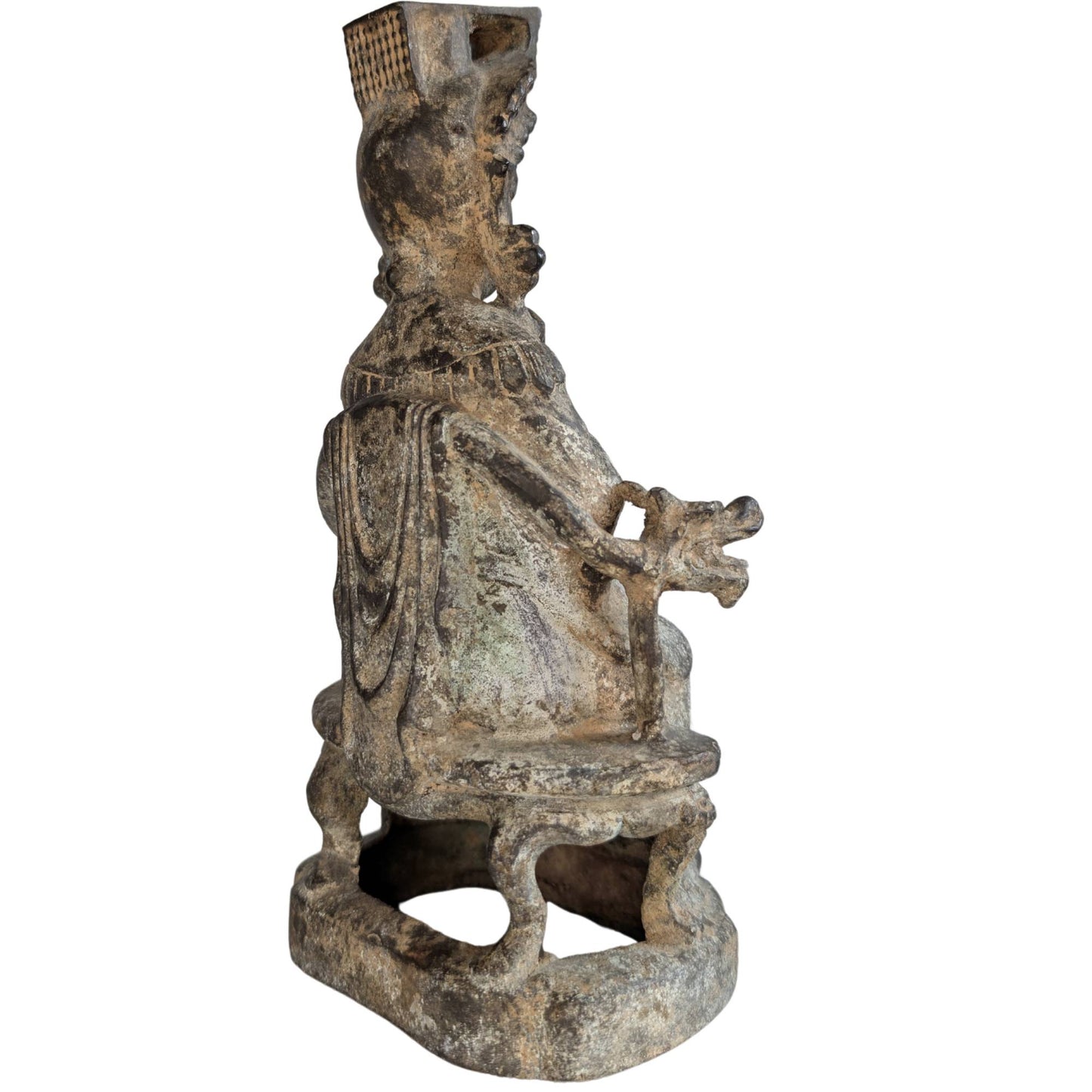 Antike Bronzefigur der Guanyin auf einem Drachenthron mit Details aus dem 18. Jahrhundert.