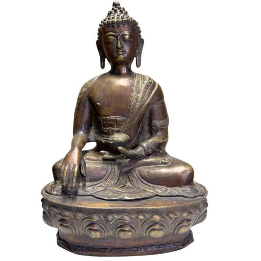 Antiker Medizinbuddha aus Bronze aus der Himalaya-Tradition auf einem Lotussockel