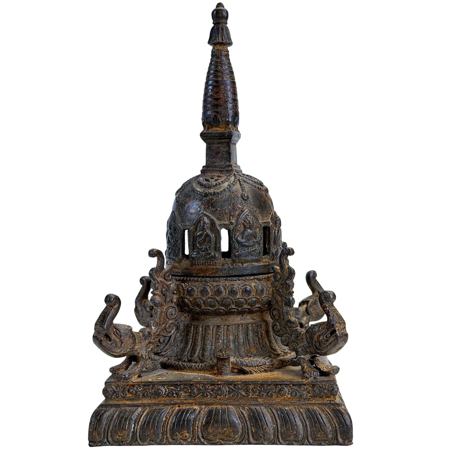 Antikes bronzenes Stupa-Räuchergefäß aus Nepal – Rückansicht