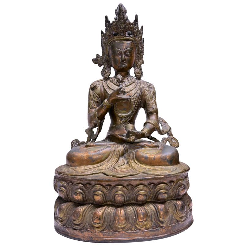 Antike Bronzefigur eines Vajrasattva mit Vajra und Ghanta in Meditationshaltung
