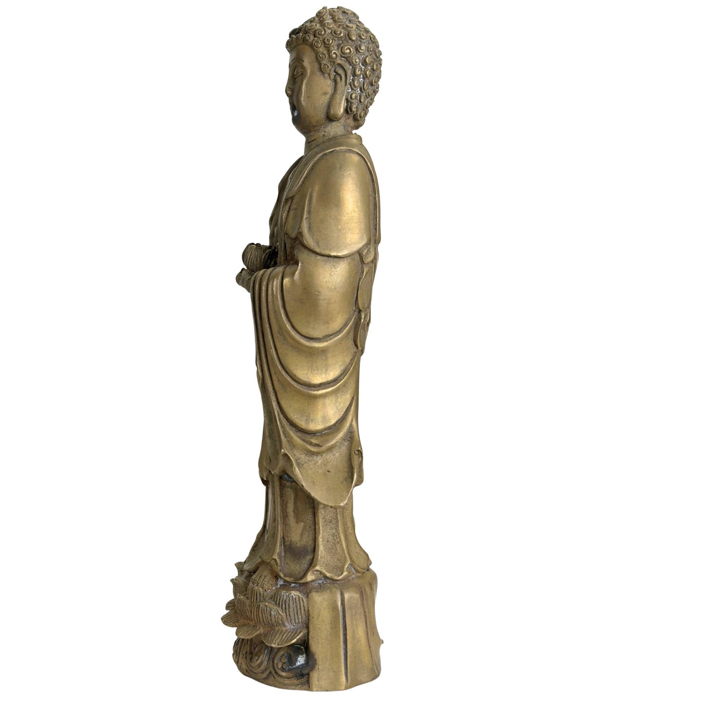 Antike chinesische Buddha-Statue aus Bronze mit kunstvoll gelocktem Haar, Urne und sanfter goldbrauner Patina