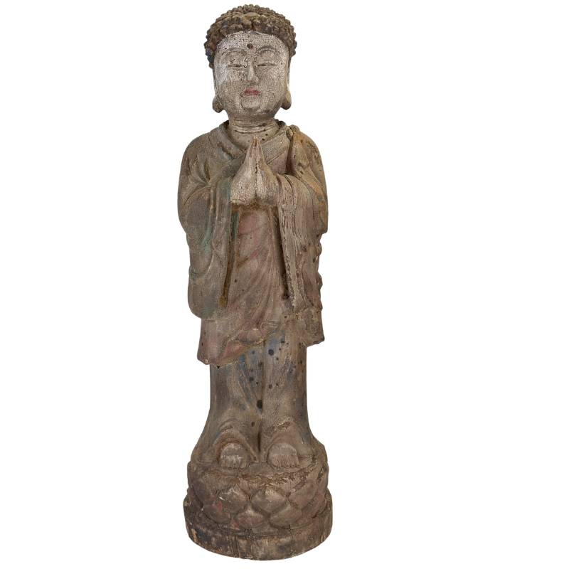 Antike chinesische Buddha-Statue aus Holz in Anjali-Mudra aus der Qing-Zeit