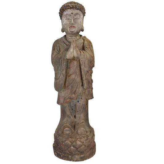 Antike chinesische Buddha-Statue aus Holz in Anjali-Mudra aus der Qing-Zeit