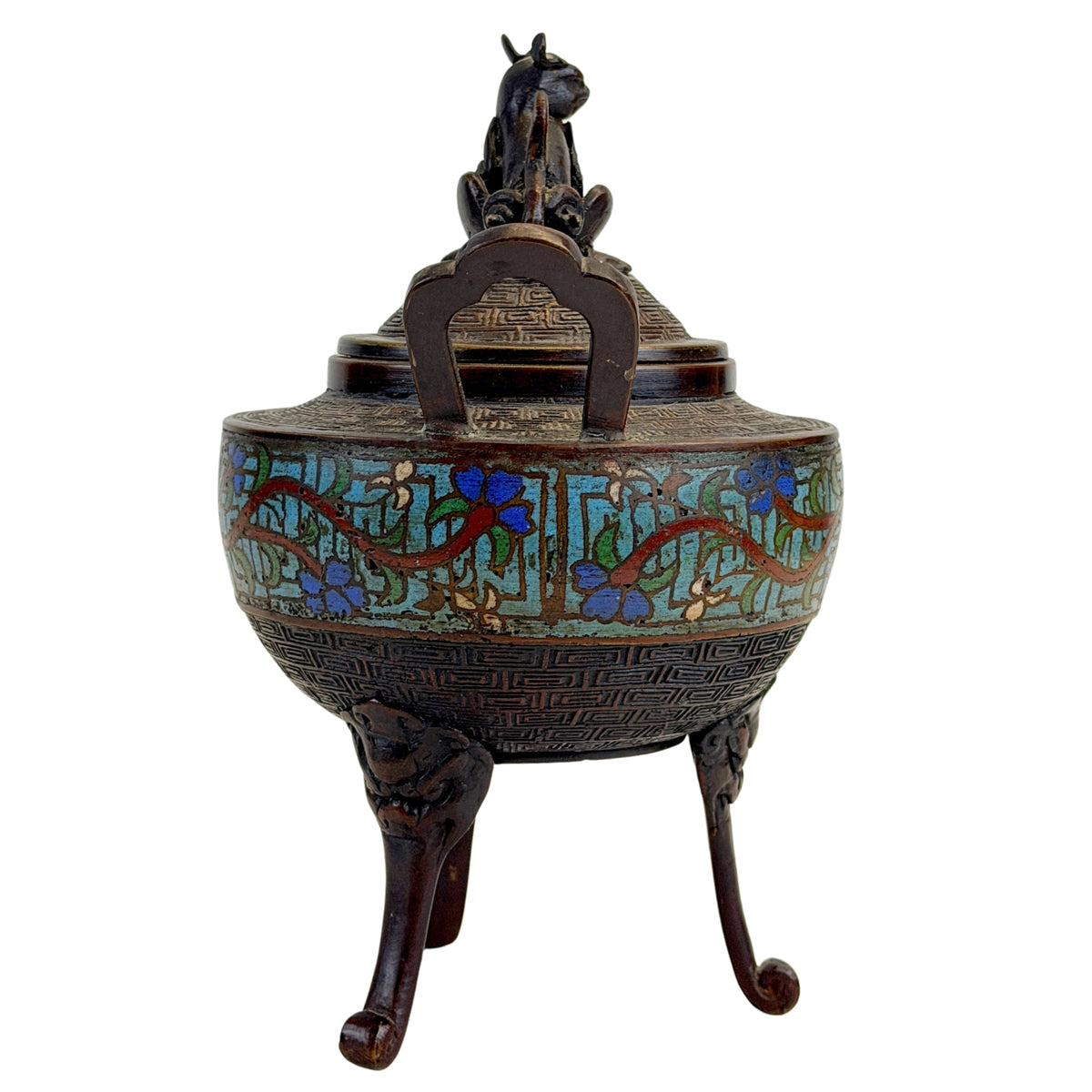 Chinesisches Dreibein-Räuchergefäß aus Bronze mit floralem Cloisonné-Band und drei Beinen