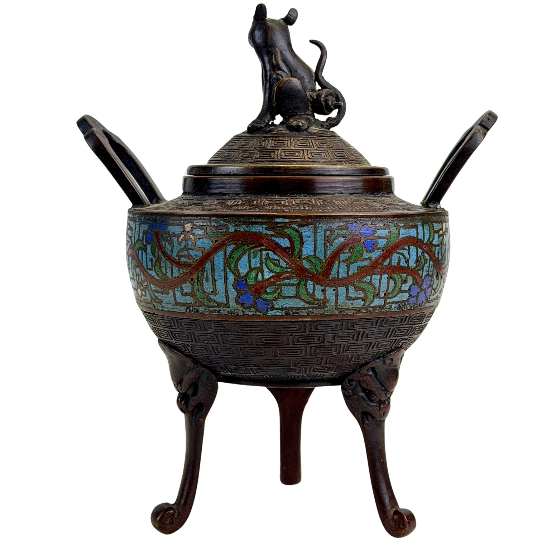 Antikes chinesisches Bronze-Räuchergefäß mit Cloisonné im Seitenansicht