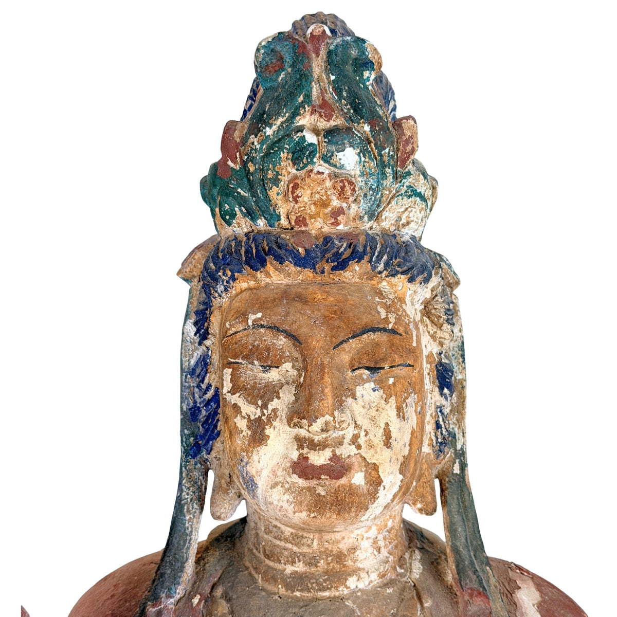 Detail von Gesicht und Kopfschmuck der antiken chinesischen Guanyin