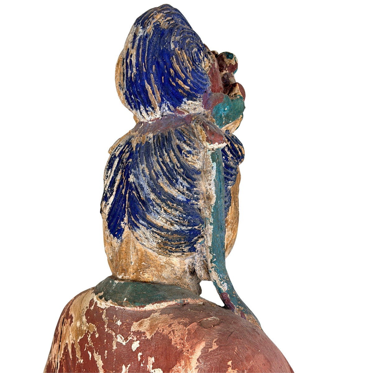 Detail der blauen Haarpartie und des Kopfschmucks von hinten