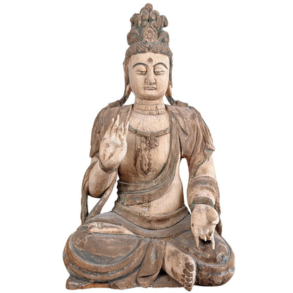 Antike chinesische Guanyin aus polychromem Holz, vollständige Frontalansicht
