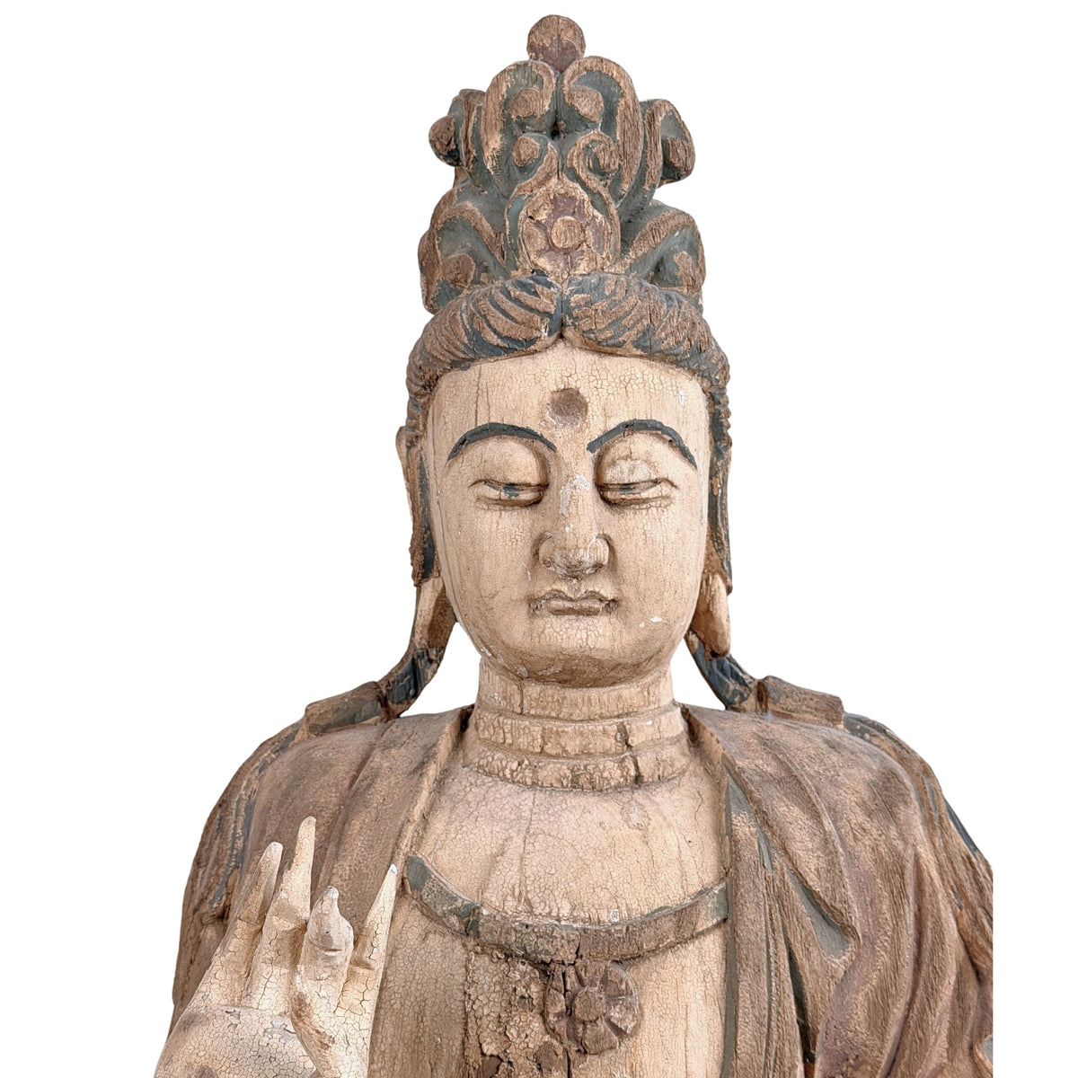 Detail von Gesicht und hoher Haartracht der antiken Guanyin