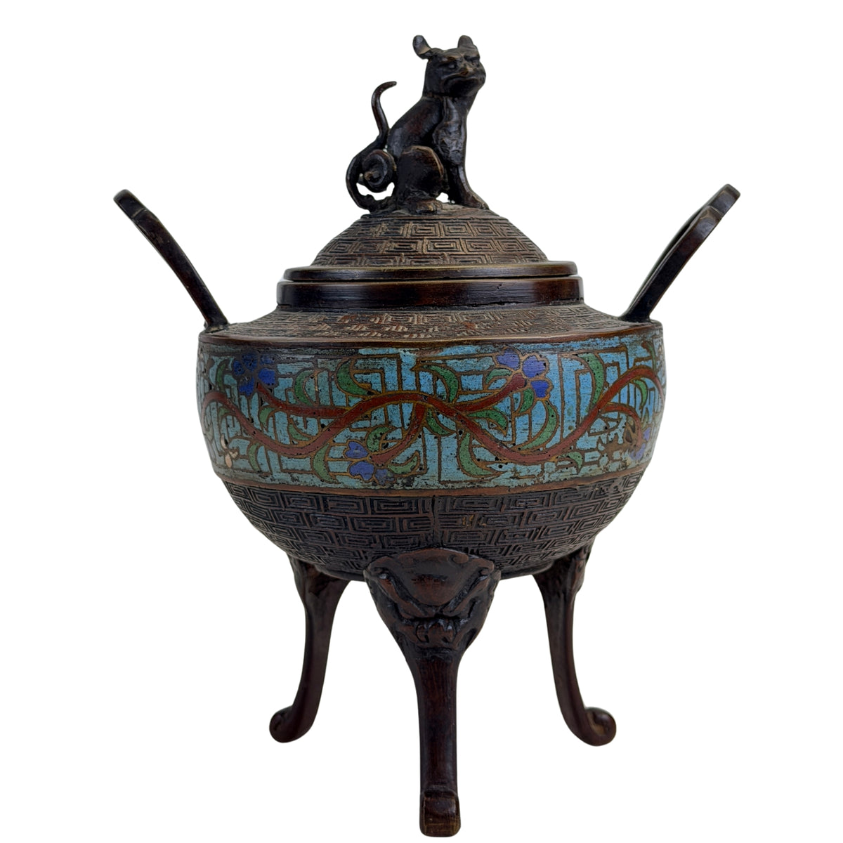 Antikes chinesisches Dreibein-Räuchergefäß aus Bronze und Cloisonné mit Foo-Dog-Deckel