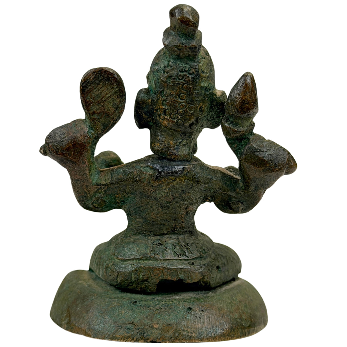 Rückseite einer vierarmigen Ganesha-Bronze mit fest sitzender grüner Oxidation