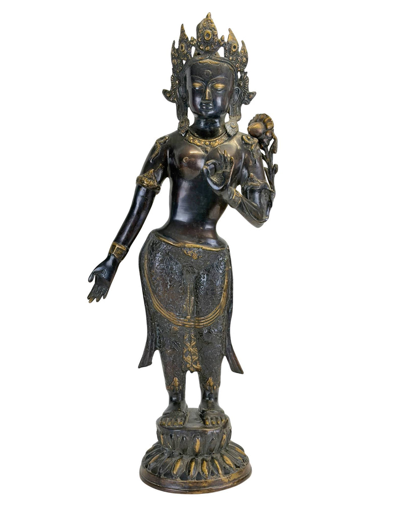 Antike nepalesische grüne Bronze-Tara – Newar-Kunst – Kathmandu-Tal – 19. Jahrhundert – 68,5 cm - Nepalesische Buddha-Figur