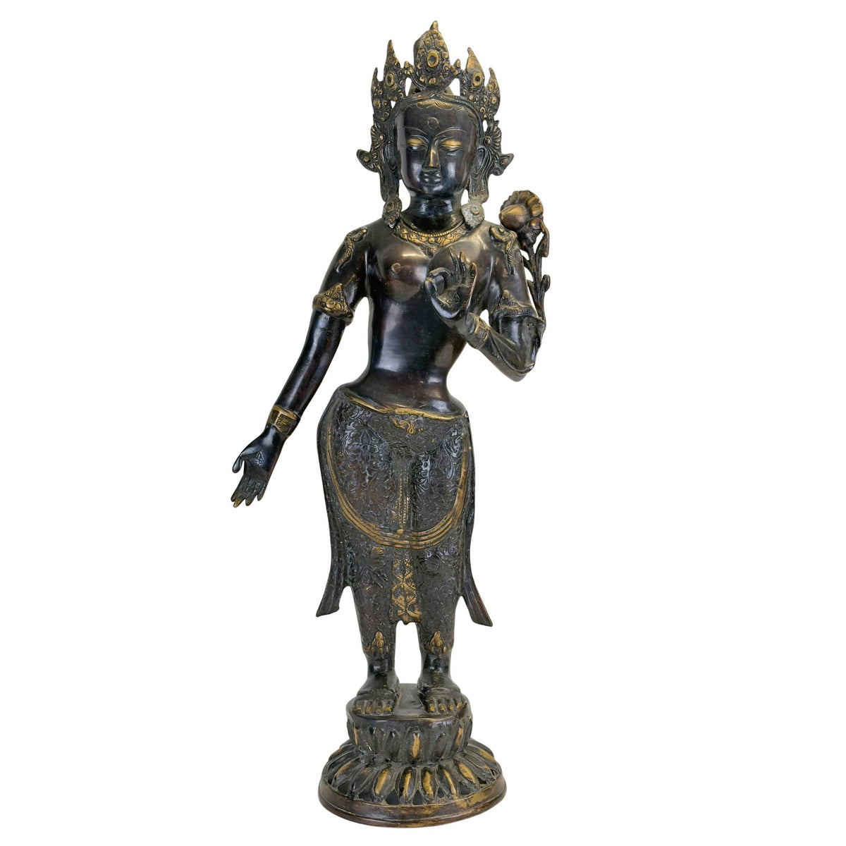 Antike bronzene Grüne Tara aus dem Kathmandu‑Tal, Vorderansicht mit ursprünglicher Feuervergoldung und schwarzer Newar‑Patina.