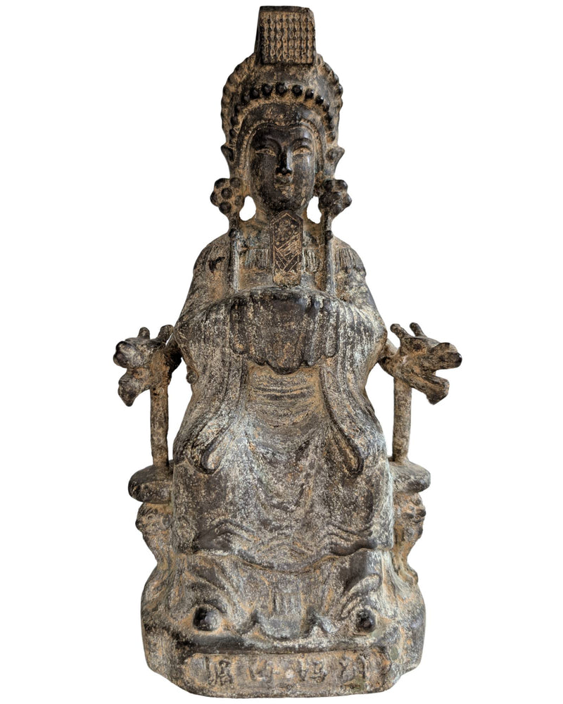 18./19. Jh. Vergoldete Bronze-Guanyin auf Drachenthron