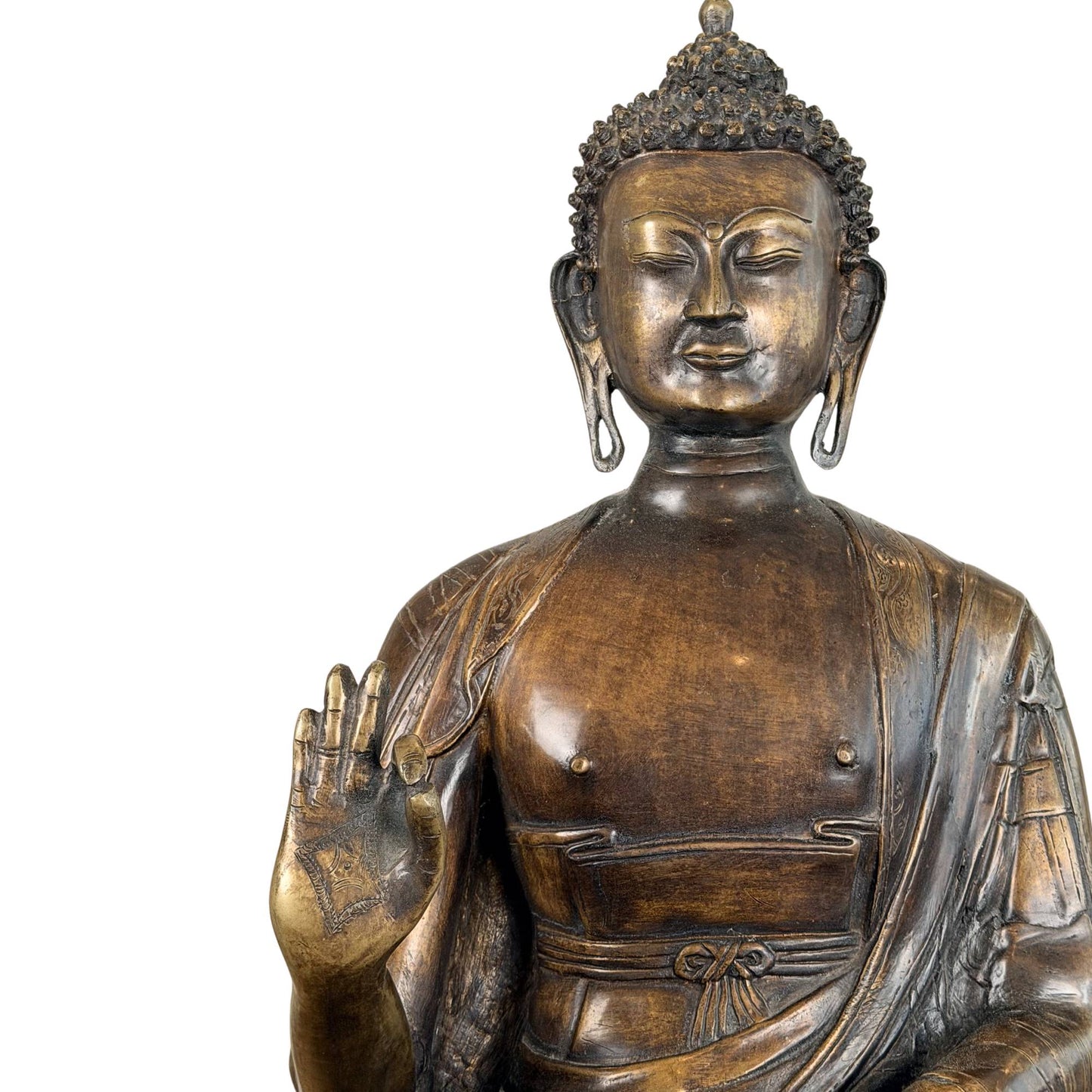 Antiker Himalaya-Buddha aus feuervergoldeter Bronze, 27 kg schwer, mit tiefer Patina und starker spiritueller Ausstrahlung.