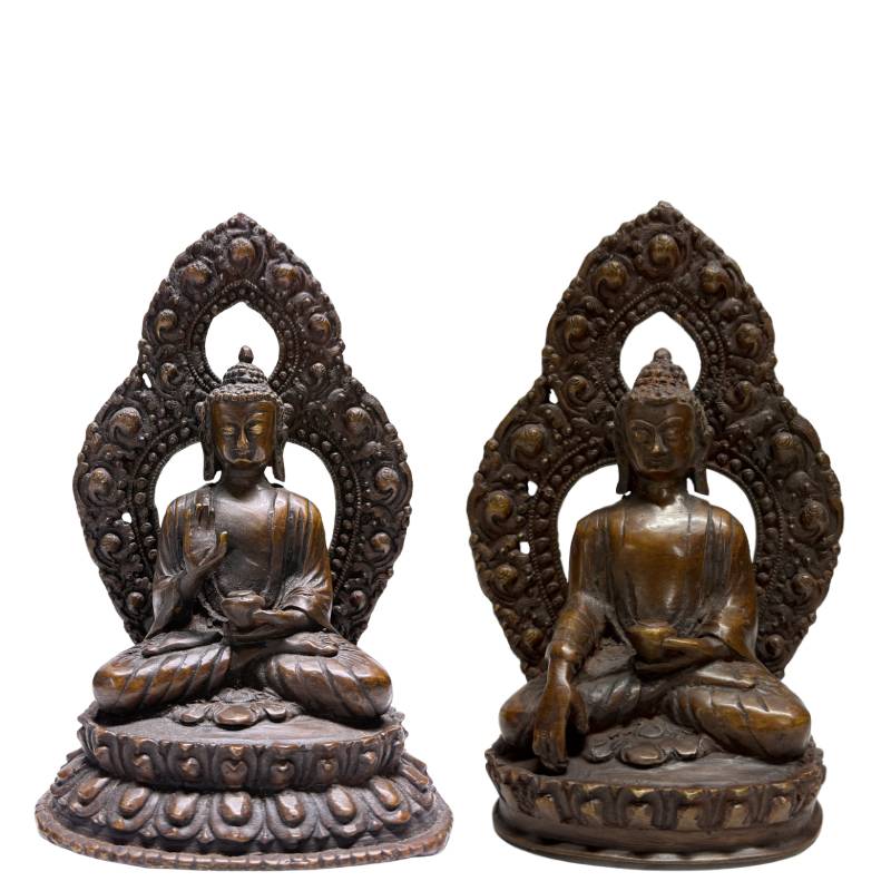 Set aus zwei antiken Buddha-Statuen aus Bronze aus dem Himalaya mit Dhyana Mudra und Resten von Feuervergoldung