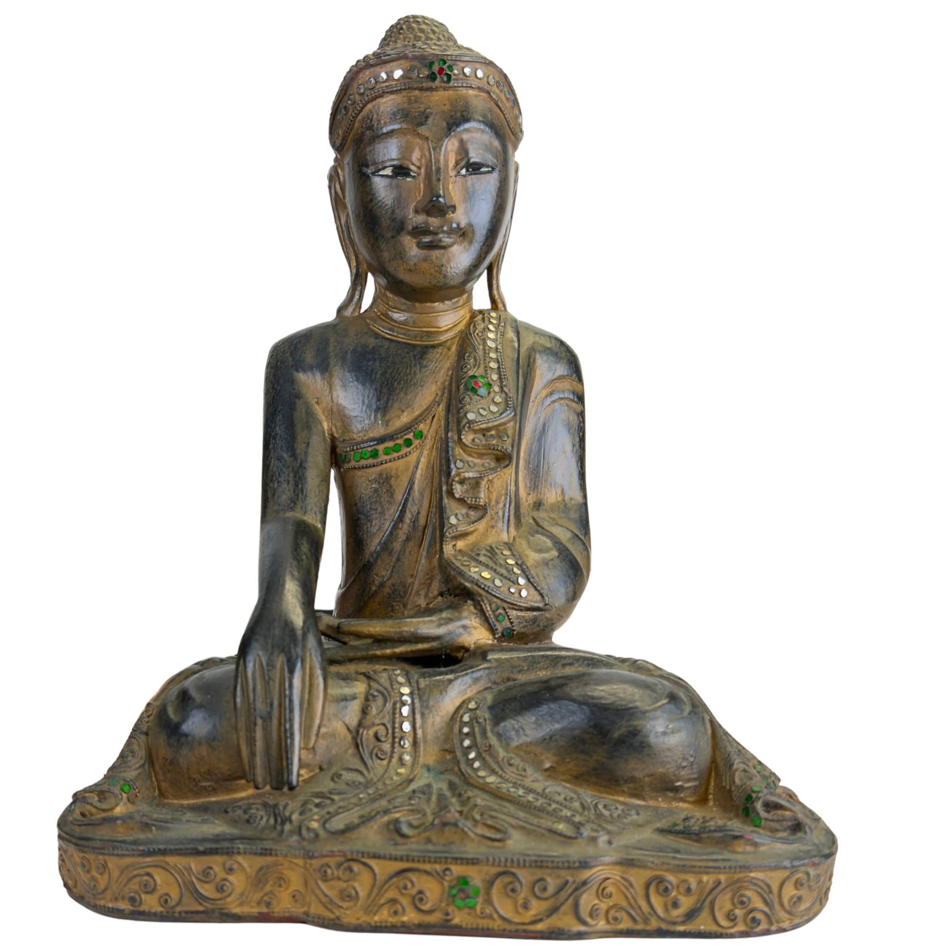 Antiker hölzerner Mandalay-Buddha aus Myanmar mit friedvollem Erscheinungsbild