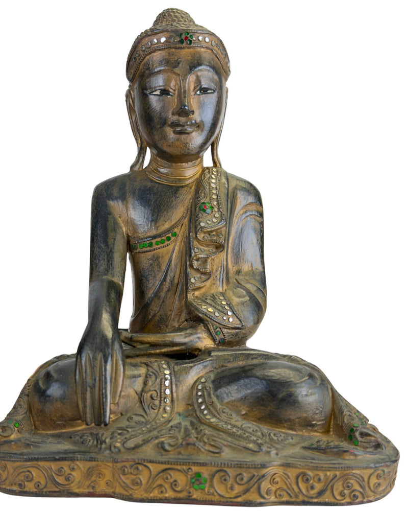 Antiker hölzerner Mandalay-Buddha mit Glaseinlagen, Myanmar, ca. 1880