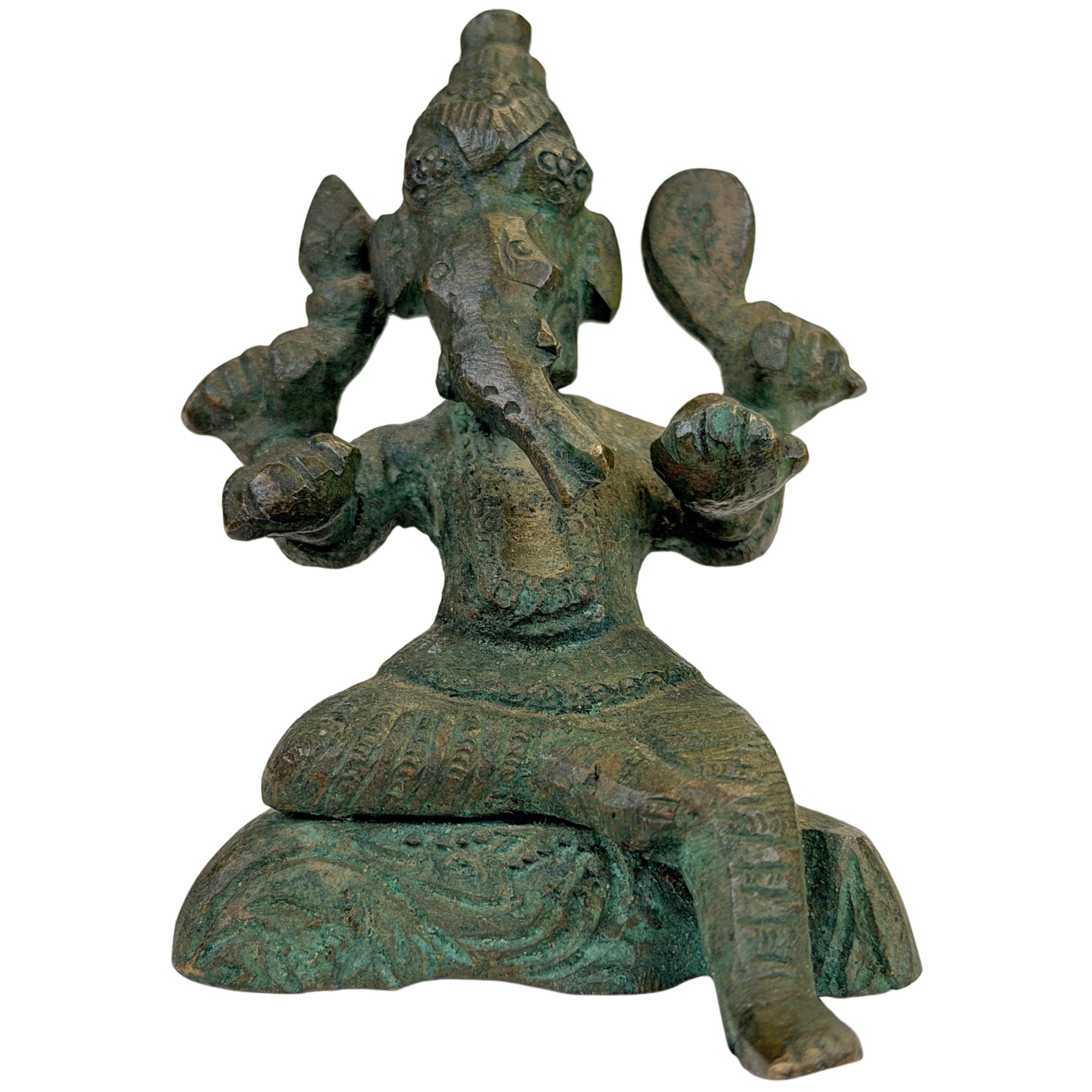 Kleine indische Ganesha-Bronze des 18.–19. Jahrhunderts in entspannter Lalitasana-Haltung