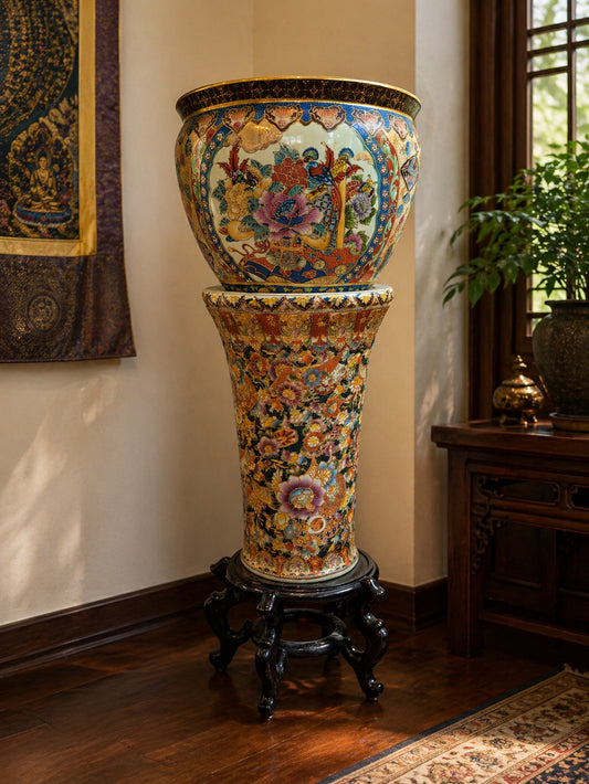 Vorderansicht einer 90,5 cm hohen japanischen Satsuma-Jardinière auf einer Säule, um 1900.