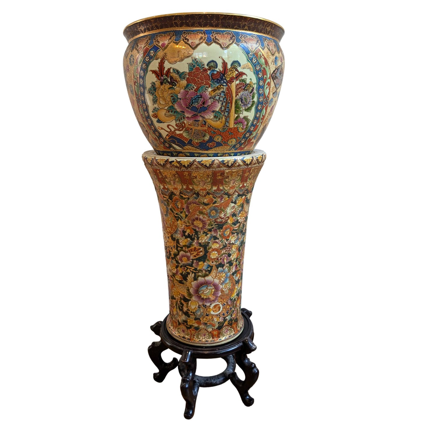 Große antike japanische Satsuma-Vase auf passendem Sockel, 90,5 cm hoch.