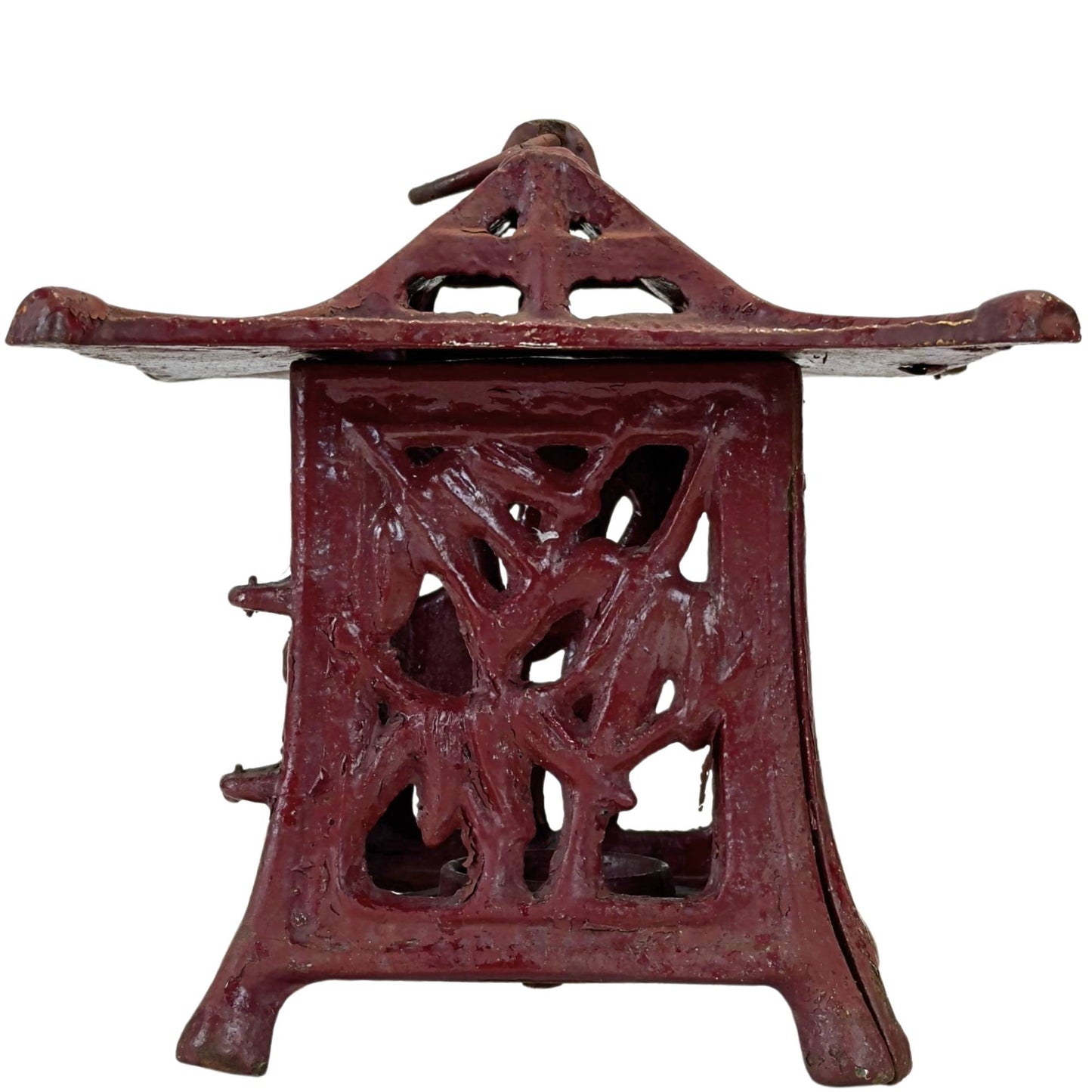 Rückseite einer antiken japanischen Tempellaterne aus Gusseisen mit Baummotiv