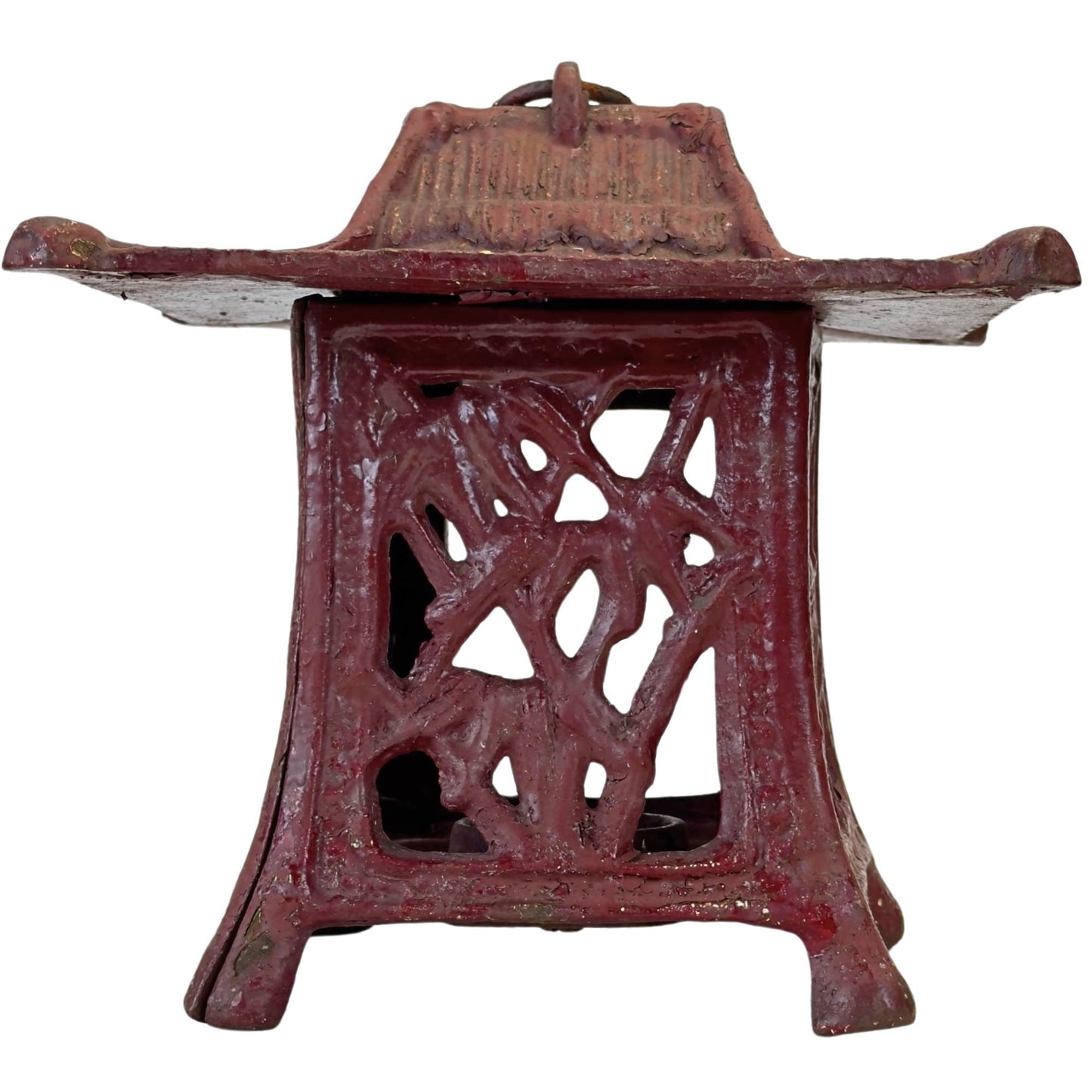 Durchbrochene Seitenwand mit Baummotiv einer antiken japanischen Tempellaterne aus Gusseisen mit originalem rotem Lack.