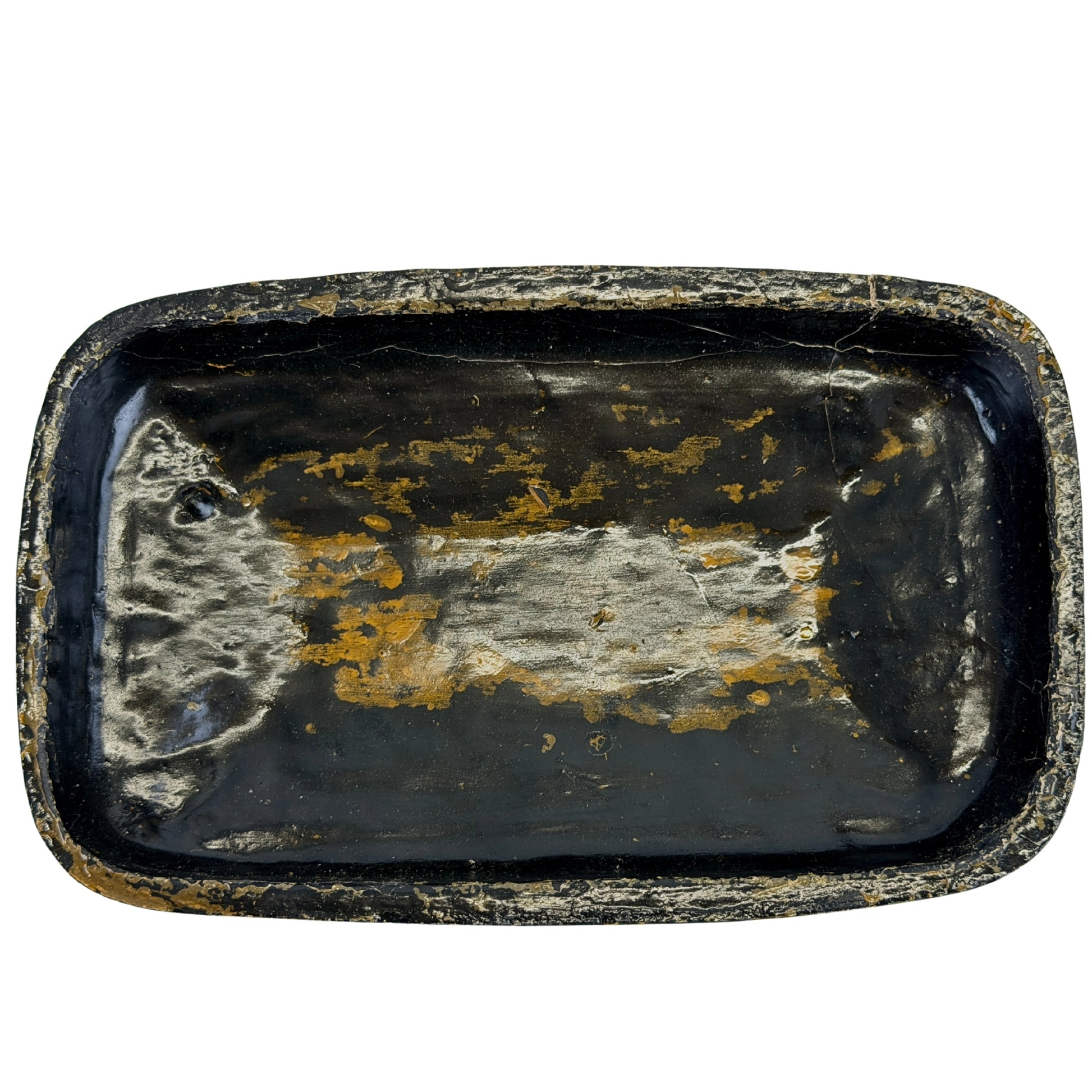 Antike Kashmir-Lackkassette mit Deckel und goldgrünem Dekor