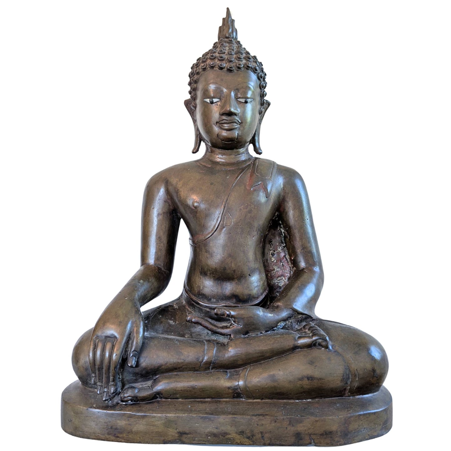 Antike Lan-Xang-Buddha-Statue, 46 cm, mit Elfenbeinaugen und Feuervergoldung