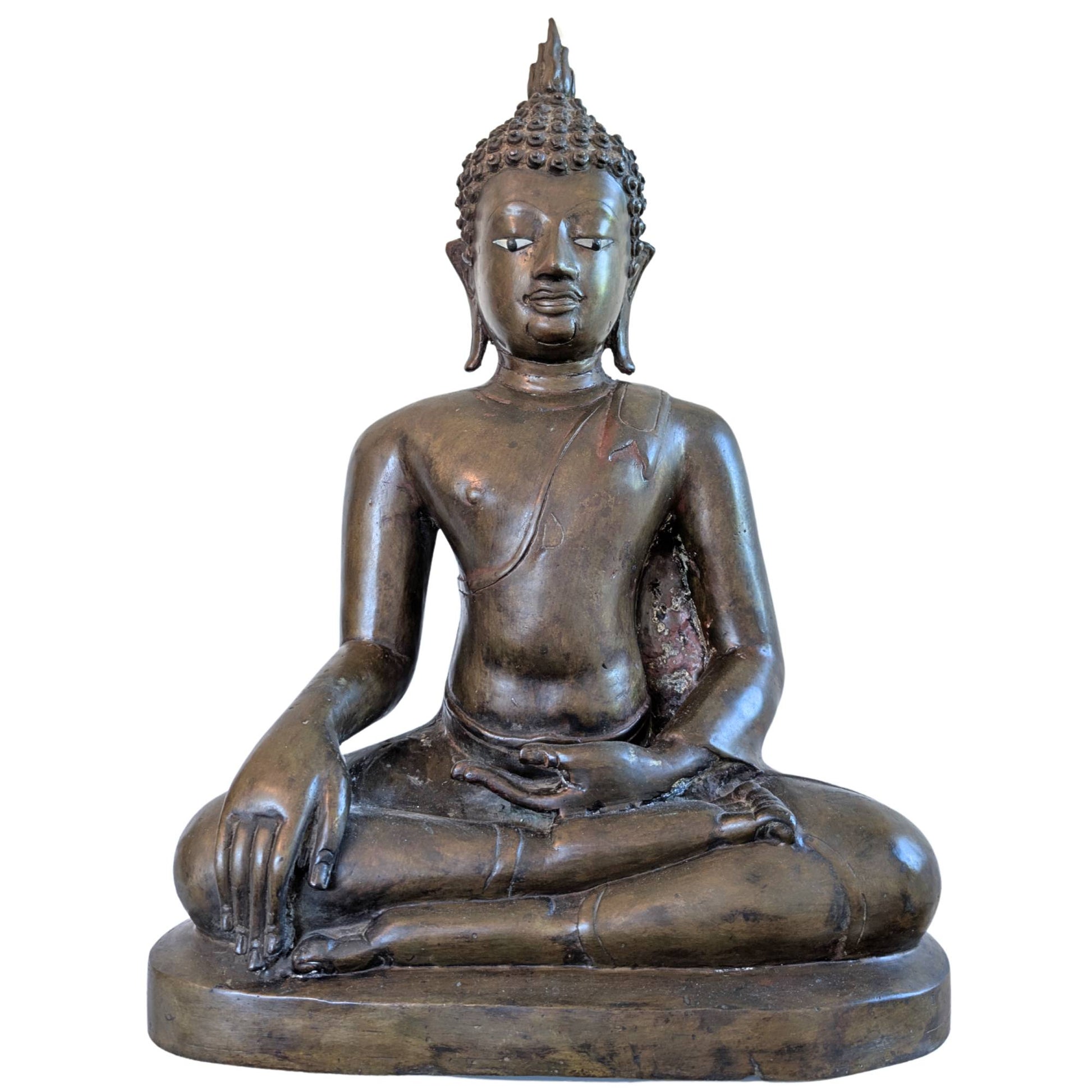 Antike Lan-Xang-Buddha-Statue, 46 cm, mit Elfenbeinaugen und Feuervergoldung