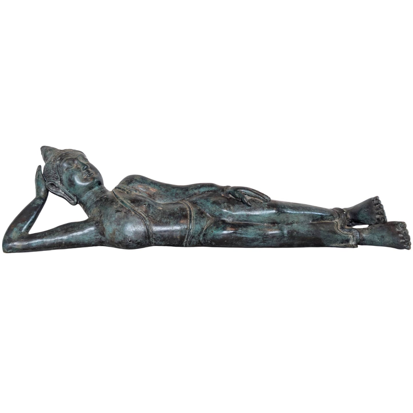 Großer antiker liegender Buddha aus Thailand, aus Bronze gefertigt, mit Resten von Vergoldung und natürlicher Patina