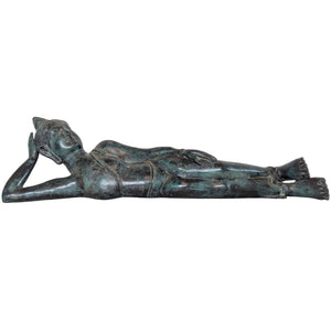 Antiker liegender Buddha aus Bronze aus Thailand mit Resten von Vergoldung Parinirvana-Statue 77 cm