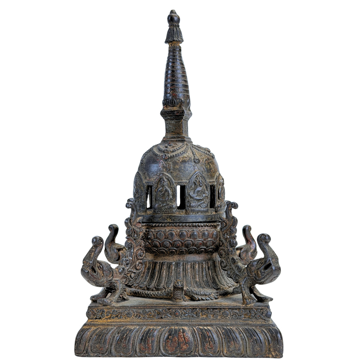 Antikes nepalesisches Chaitya-Räuchergefäß aus Bronze mit Buddhafiguren – Vorderansicht