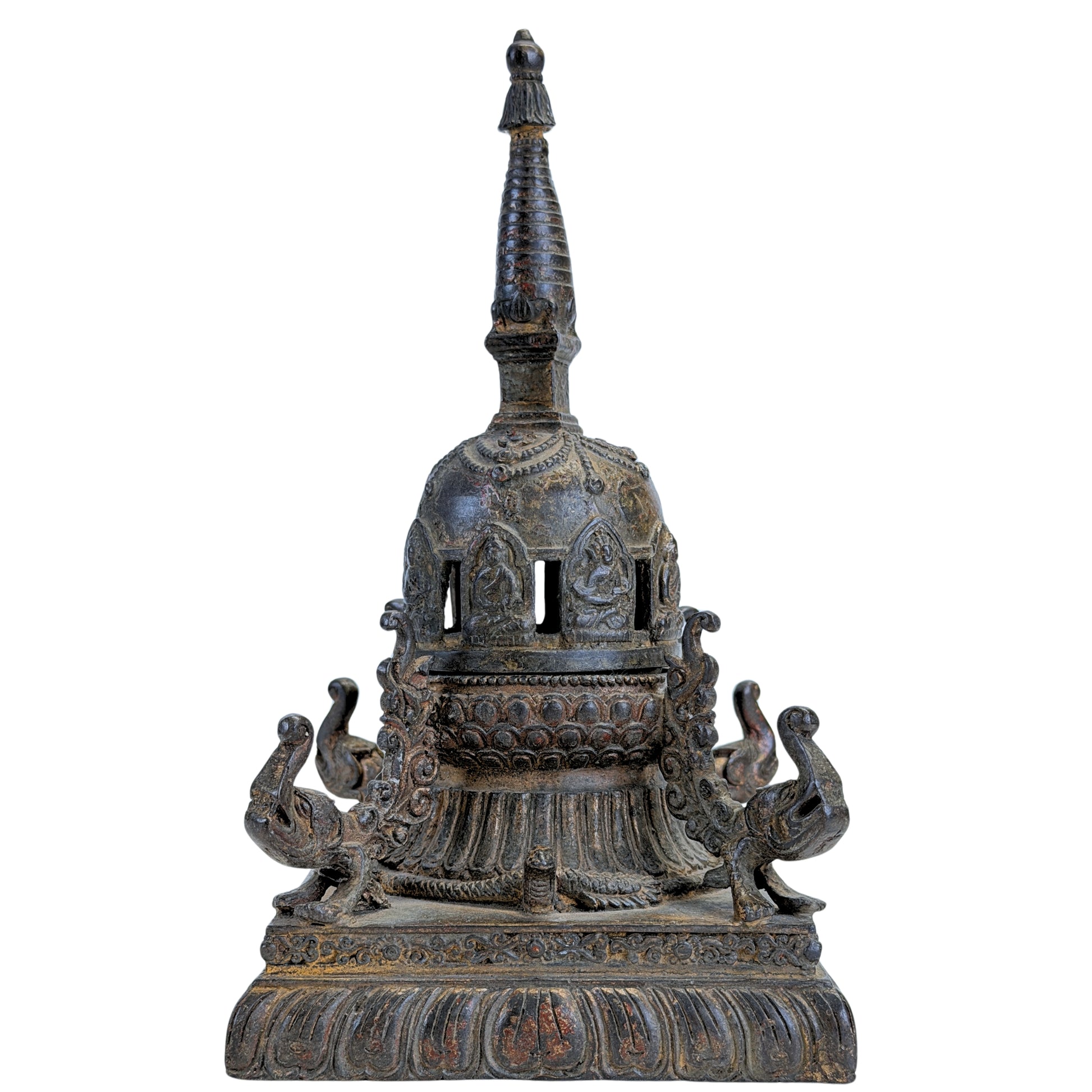 Antikes nepalesisches Chaitya-Räuchergefäß aus Bronze mit Buddhafiguren – Vorderansicht