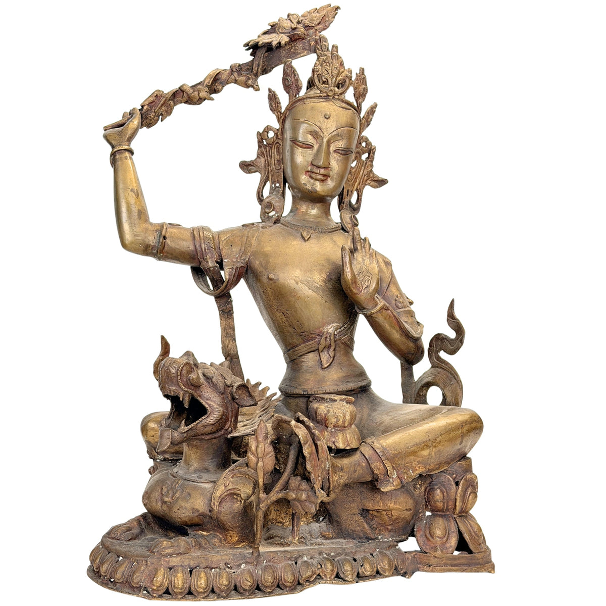 Antieke Nepalese Manjushri – volledig vooraanzicht met zwaard, kroon en opengewerkte voet
