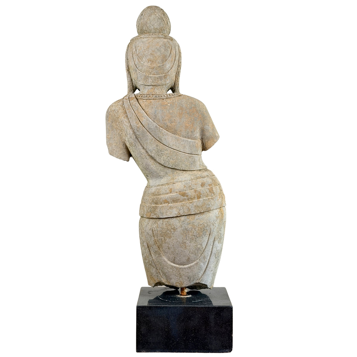 Vollständige Rückansicht der monumentalen antiken steinernen Guanyin