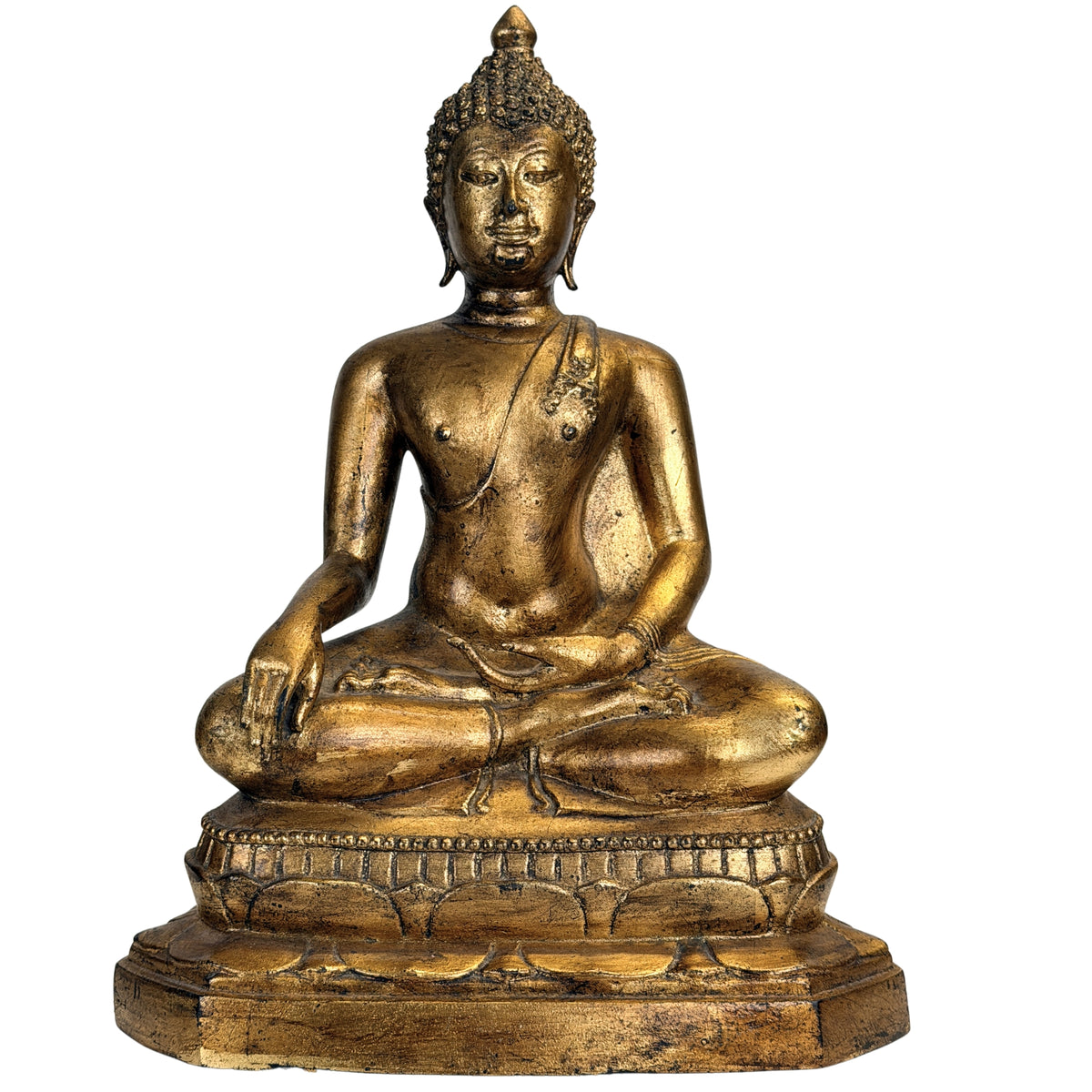Thailändische Rattanakosin-Bronze mit erdberührender Hand und erhaltener Goldfassung auf Lackgrund