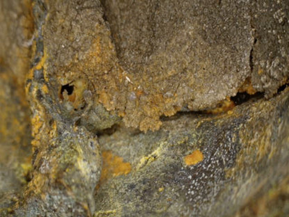 Mikroskopdetail des Übergangs zwischen altem Gusskern, Oxidation und bronzener Innenwand