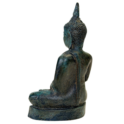 Antiker thailändischer Bronze-Buddha – Rückansicht links mit Gewandlinie und natürlicher Abnutzung