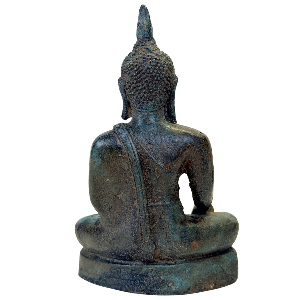 Rückseite eines antiken thailändischen Bronze-Buddhas im Sukhothai-Stil mit alter grünbrauner Patina