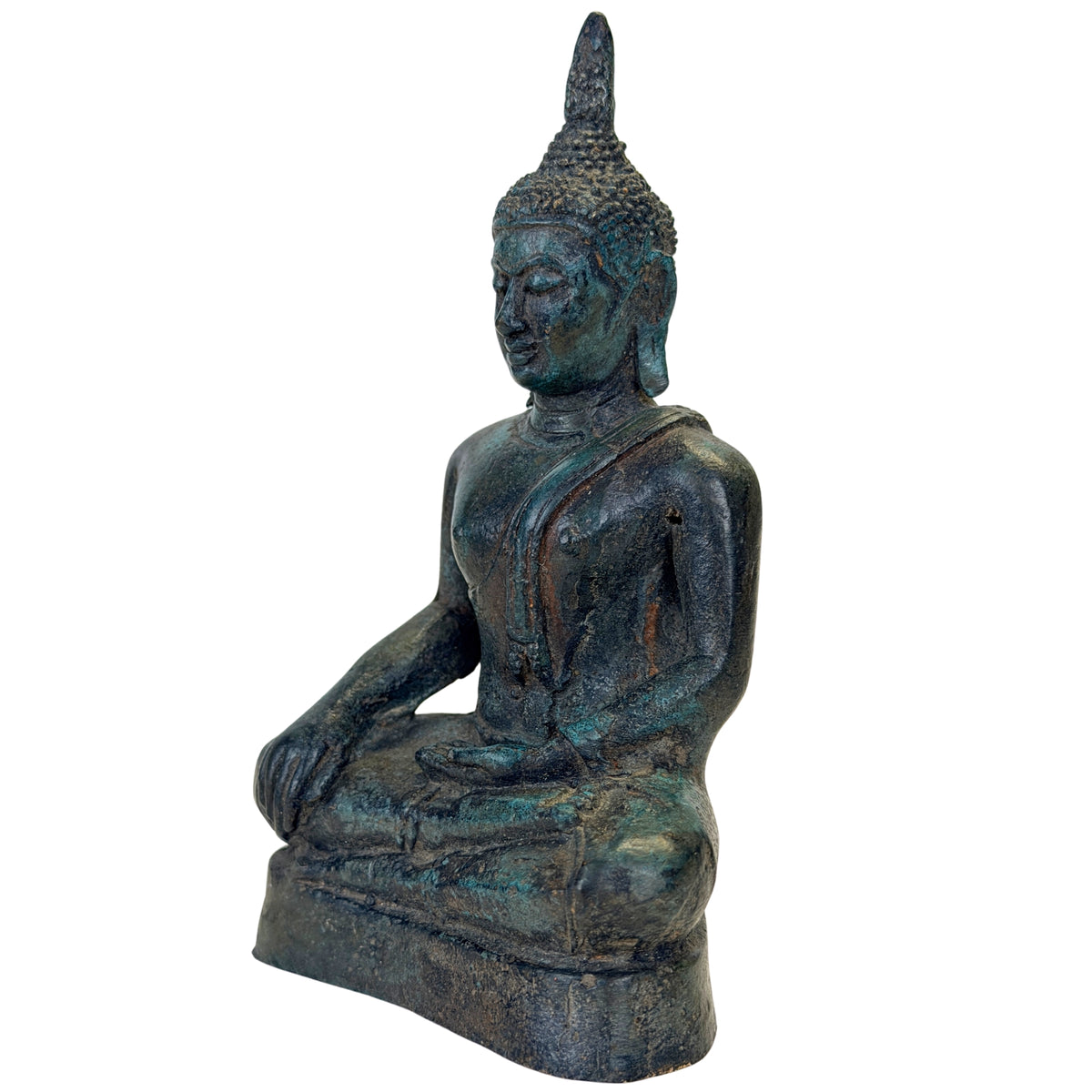 Antiker thailändischer Bronze-Buddha in Bhumisparsha-Mudra – Dreiviertelansicht links