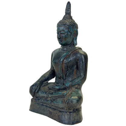 Antiker thailändischer Bronze-Buddha in Bhumisparsha-Mudra – Dreiviertelansicht links