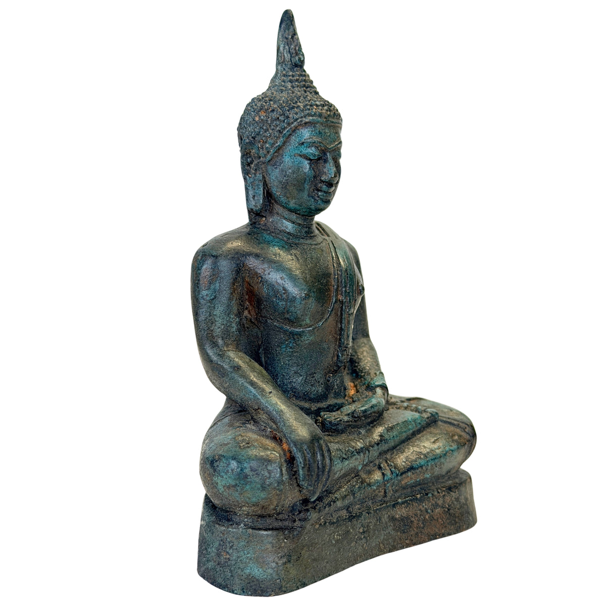 Antiker thailändischer Bronze-Buddha in Bhumisparsha-Mudra – Dreiviertelansicht rechts
