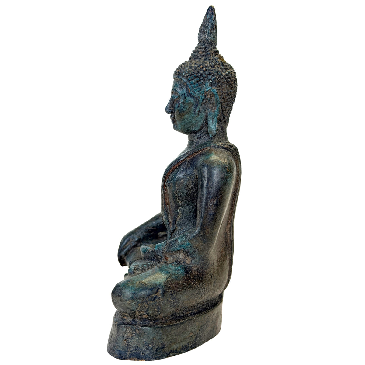 Antiker thailändischer Bronze-Buddha in sitzender Haltung – linke Seitenansicht
