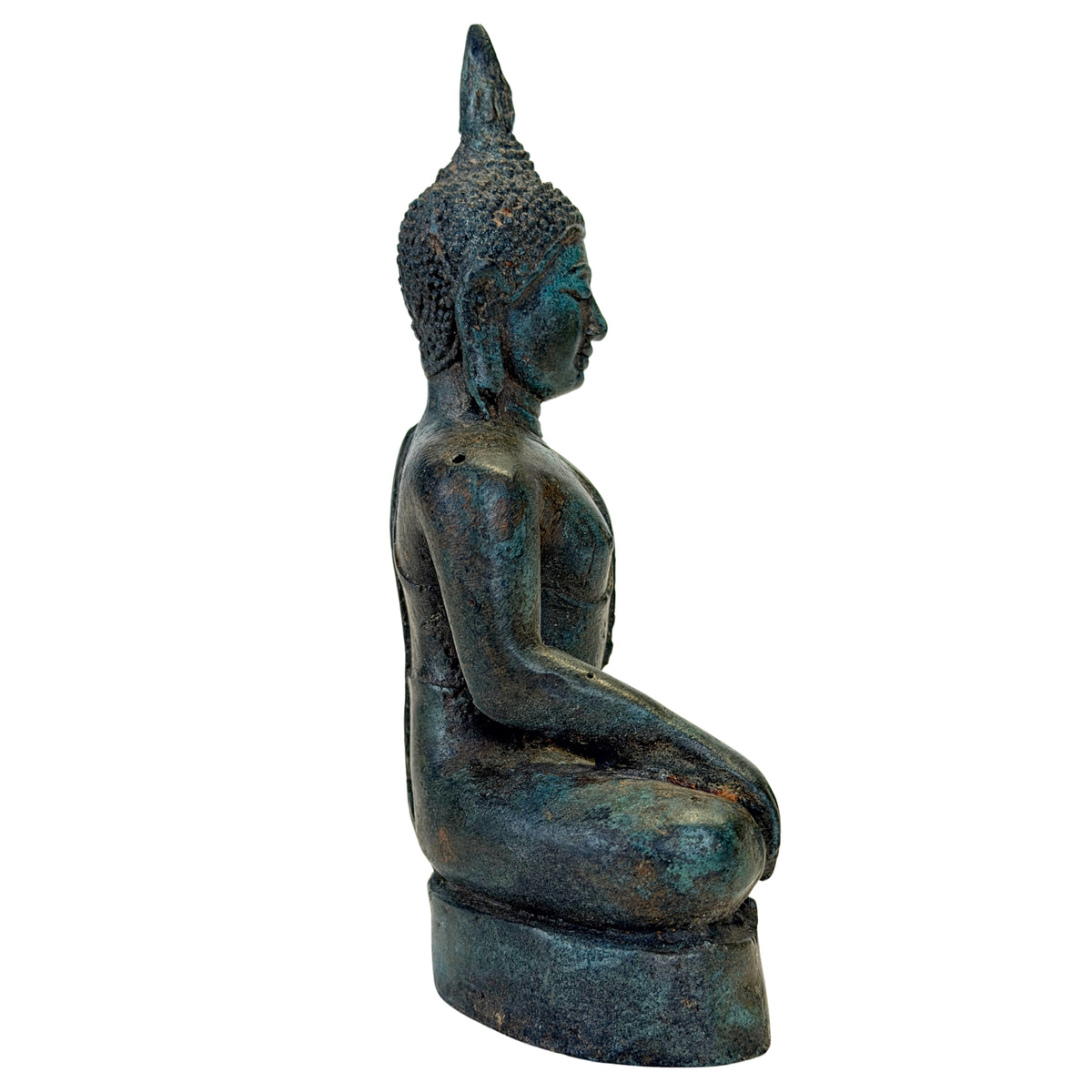Antiker thailändischer Bronze-Buddha mit hoher flammenförmiger Ushnisha – rechte Seitenansicht