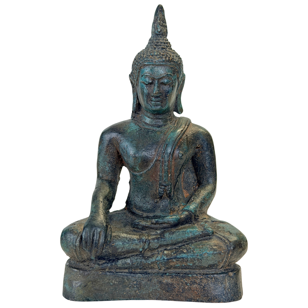 Antiker thailändischer Bronze-Buddha im Sukhothai-Stil, Ayutthaya 17.–18. Jh. – Vorderansicht