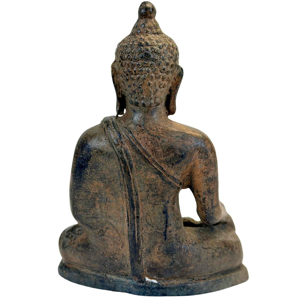 Achteraanzicht van Thaise bronzen Boeddha A met gekrulde haarpartij en gewaadlijnen