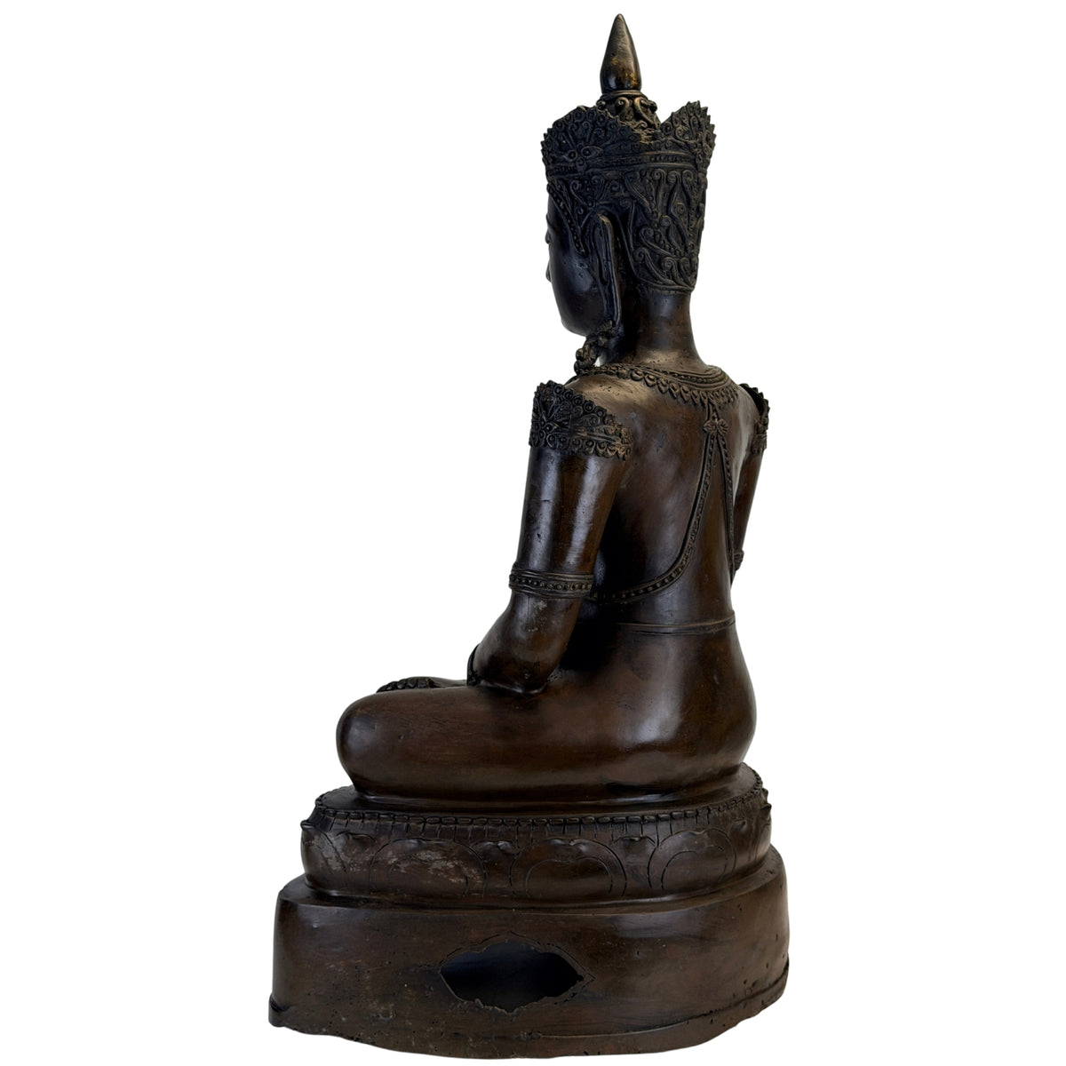 Antique Thai crowned Buddha, rear three-quarter view
